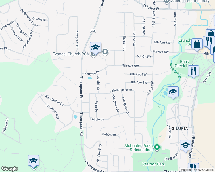 map of restaurants, bars, coffee shops, grocery stores, and more near 208 Coral Circle in Alabaster