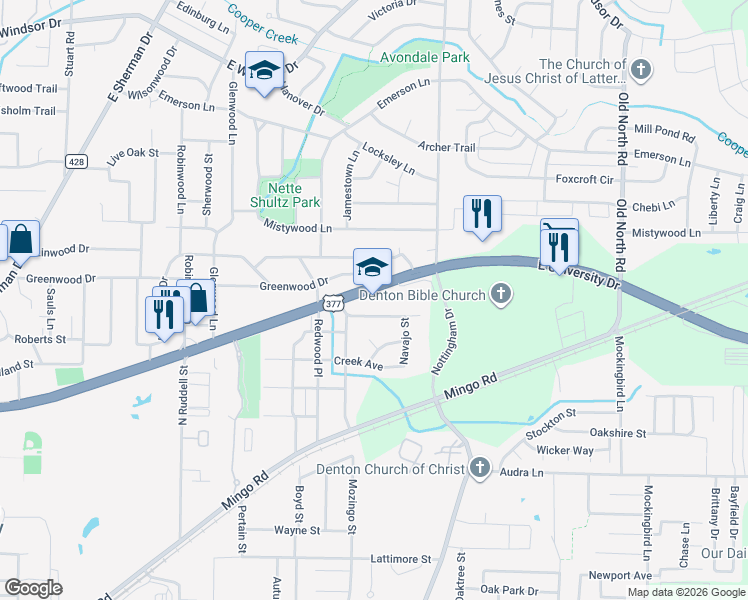 map of restaurants, bars, coffee shops, grocery stores, and more near 1910 East University Drive in Denton