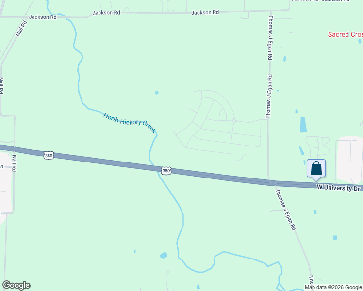 map of restaurants, bars, coffee shops, grocery stores, and more near West University Drive in Krum