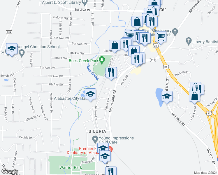 map of restaurants, bars, coffee shops, grocery stores, and more near 604 9th Avenue Southwest in Alabaster