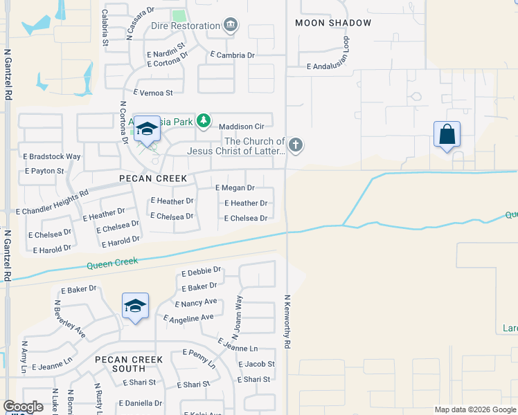 map of restaurants, bars, coffee shops, grocery stores, and more near 1695 East Chelsea Drive in Queen Creek