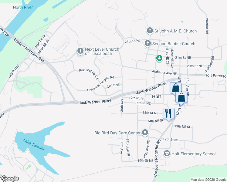 map of restaurants, bars, coffee shops, grocery stores, and more near 3427 Pinecrest Road in Tuscaloosa