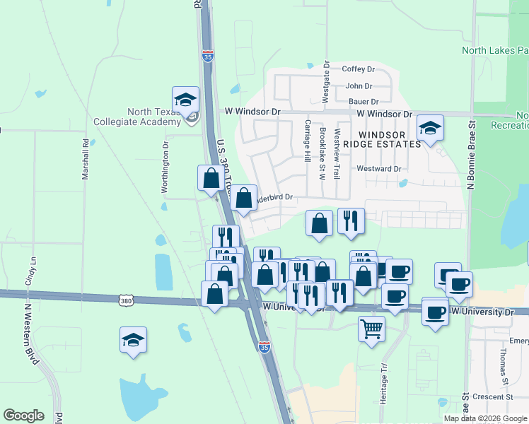 map of restaurants, bars, coffee shops, grocery stores, and more near 3012 Augusta Drive in Denton