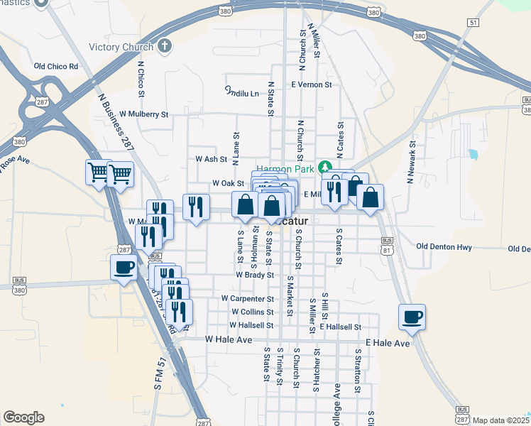 map of restaurants, bars, coffee shops, grocery stores, and more near 115 West Main Street in Decatur