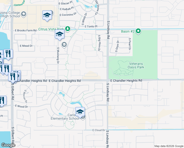 map of restaurants, bars, coffee shops, grocery stores, and more near 5010 South Pinaleno Place in Chandler