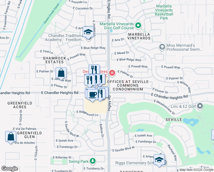 map of restaurants, bars, coffee shops, grocery stores, and more near 16799 East Chandler Heights Road in Gilbert