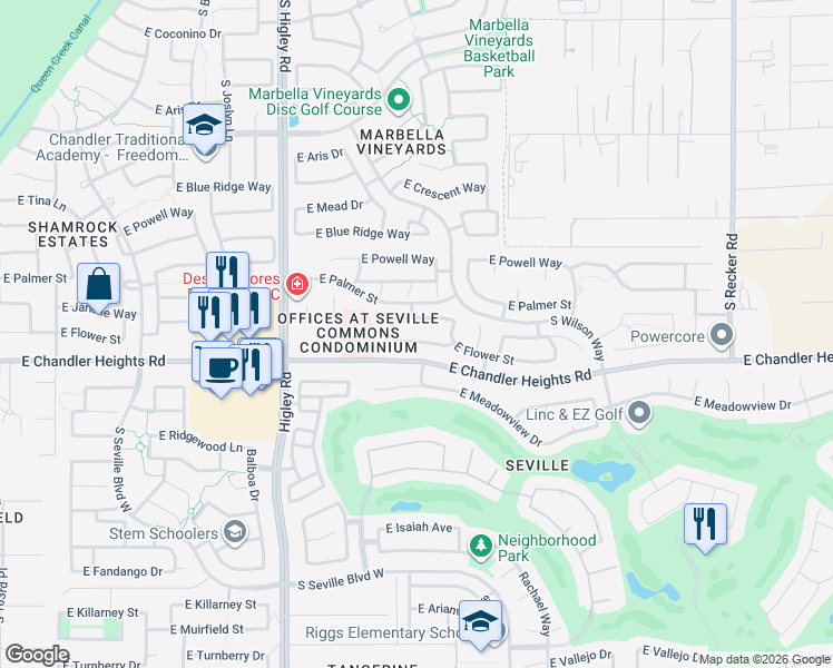 map of restaurants, bars, coffee shops, grocery stores, and more near 3447 East Flower Street in Gilbert