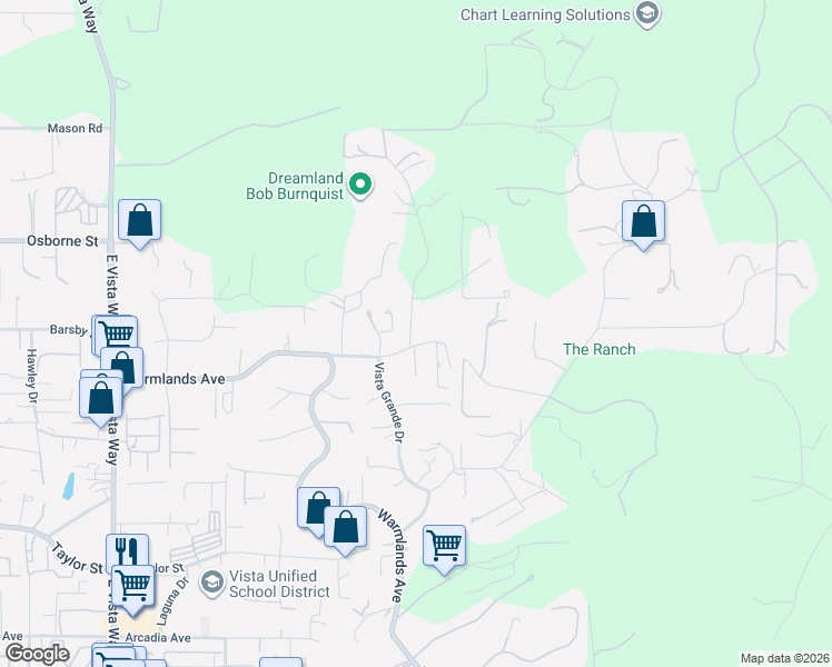 map of restaurants, bars, coffee shops, grocery stores, and more near 2239 Green Hills Way in Vista