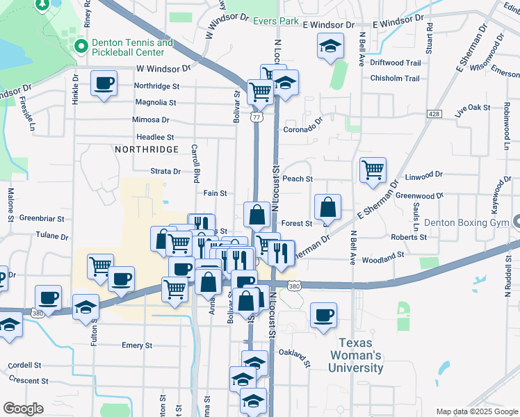 map of restaurants, bars, coffee shops, grocery stores, and more near 2201 North Locust Street in Denton