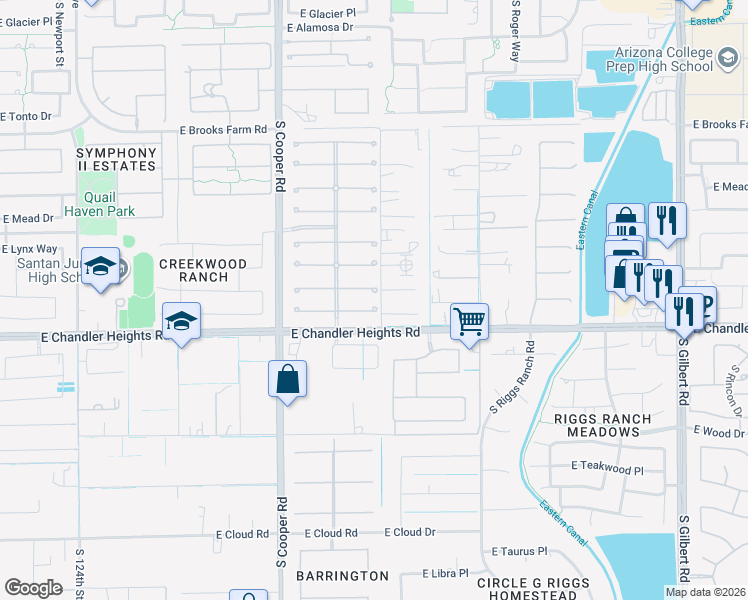 map of restaurants, bars, coffee shops, grocery stores, and more near 2244 East Bartlett Place in Chandler
