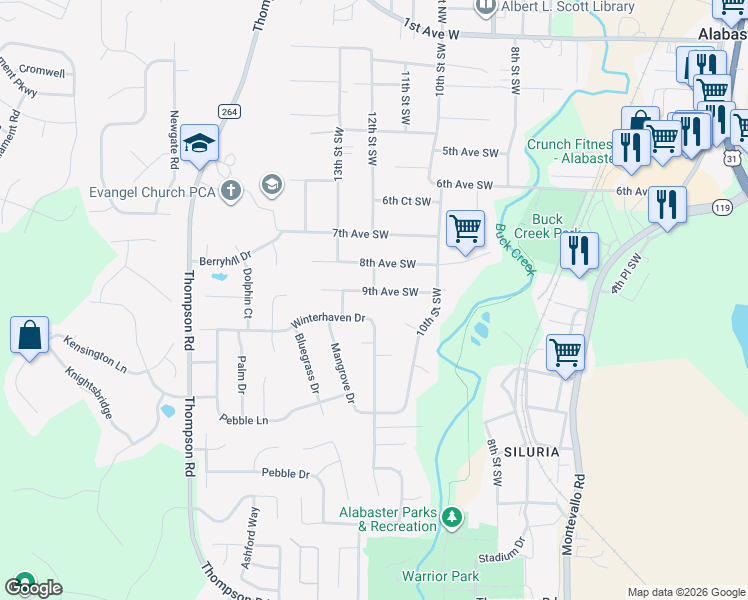 map of restaurants, bars, coffee shops, grocery stores, and more near 145 Winterhaven Drive in Alabaster