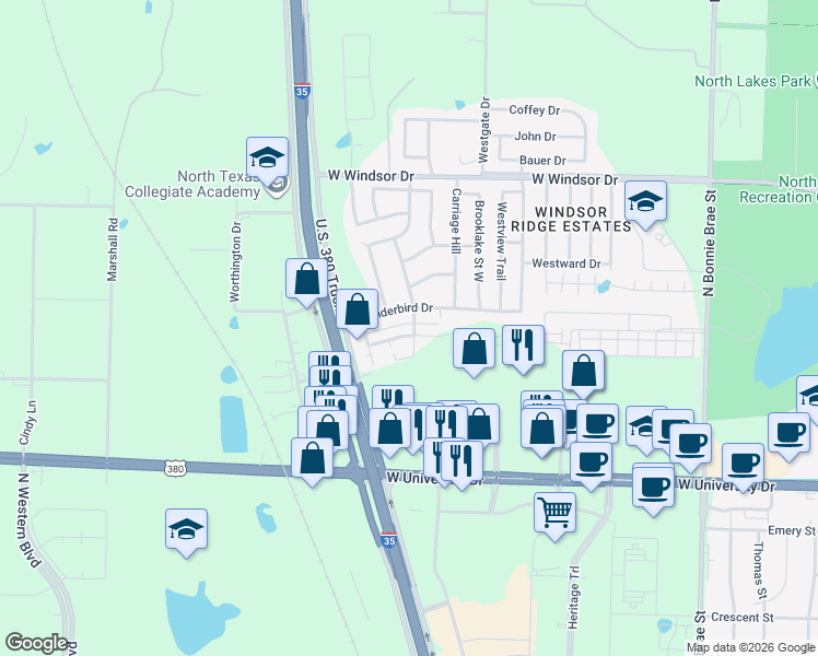 map of restaurants, bars, coffee shops, grocery stores, and more near 3000 Augusta Drive in Denton