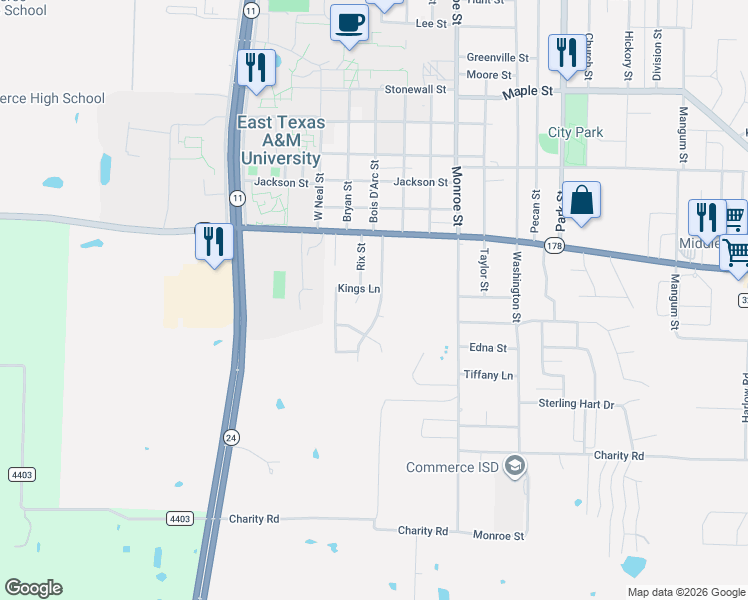 map of restaurants, bars, coffee shops, grocery stores, and more near 2712 Rix Street in Commerce