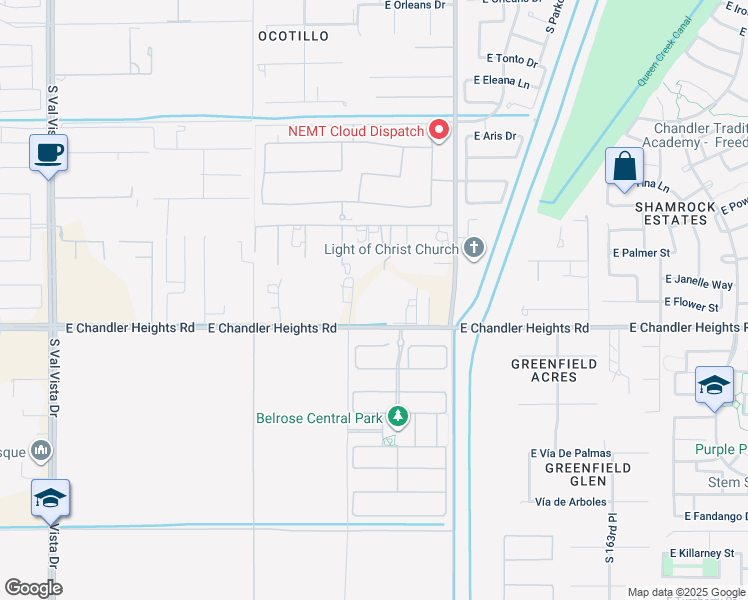 map of restaurants, bars, coffee shops, grocery stores, and more near 15830 East Chandler Heights Road in Gilbert