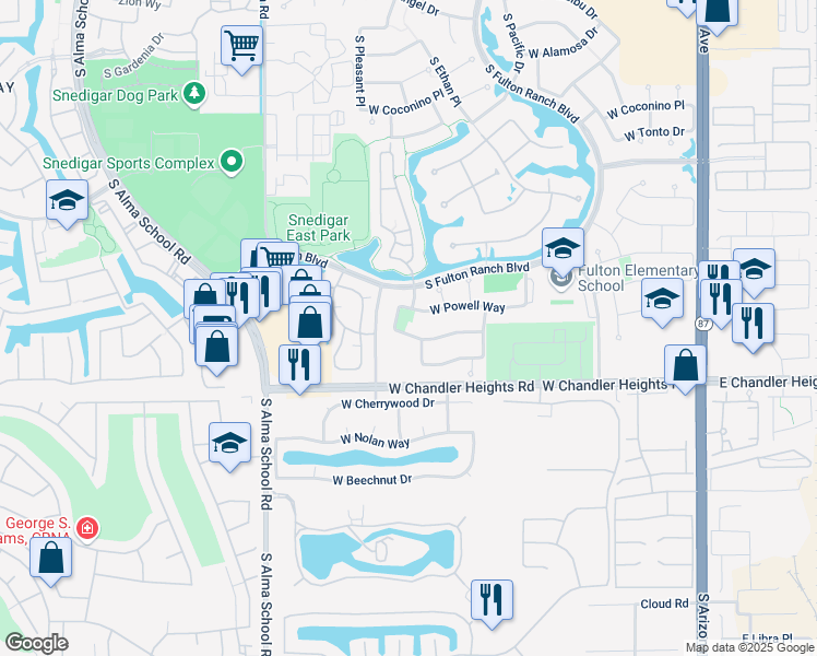 map of restaurants, bars, coffee shops, grocery stores, and more near 4810 South Camellia Drive in Chandler