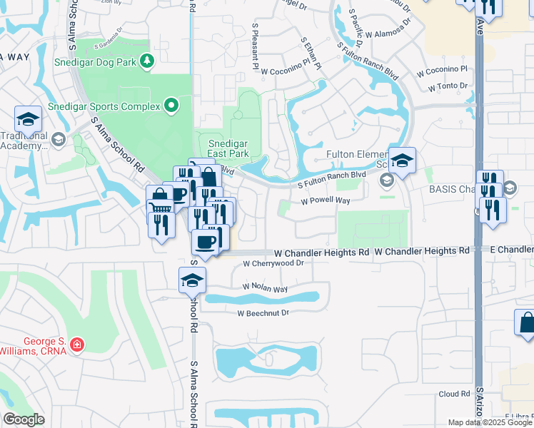 map of restaurants, bars, coffee shops, grocery stores, and more near 4777 South Fulton Ranch Boulevard in Chandler