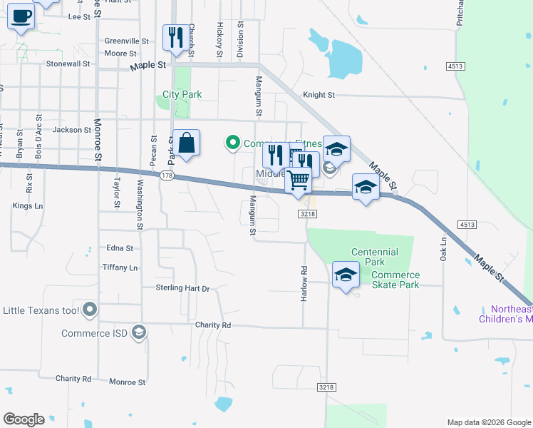 map of restaurants, bars, coffee shops, grocery stores, and more near 719 Culver Street in Commerce