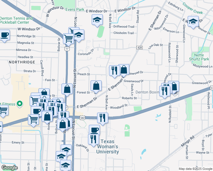 map of restaurants, bars, coffee shops, grocery stores, and more near 2300 North Bell Avenue in Denton
