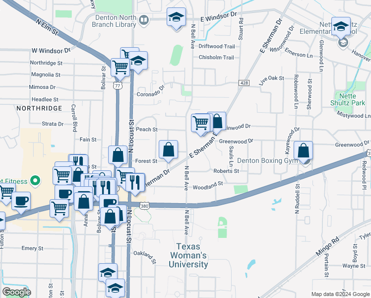 map of restaurants, bars, coffee shops, grocery stores, and more near 2219 North Bell Avenue in Denton