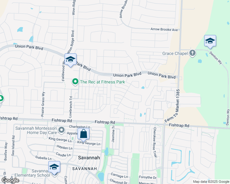 map of restaurants, bars, coffee shops, grocery stores, and more near 7209 Wildflower Way in Denton County