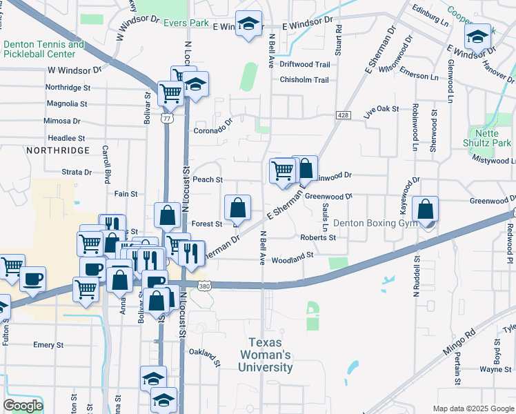 map of restaurants, bars, coffee shops, grocery stores, and more near 2211 North Bell Avenue in Denton
