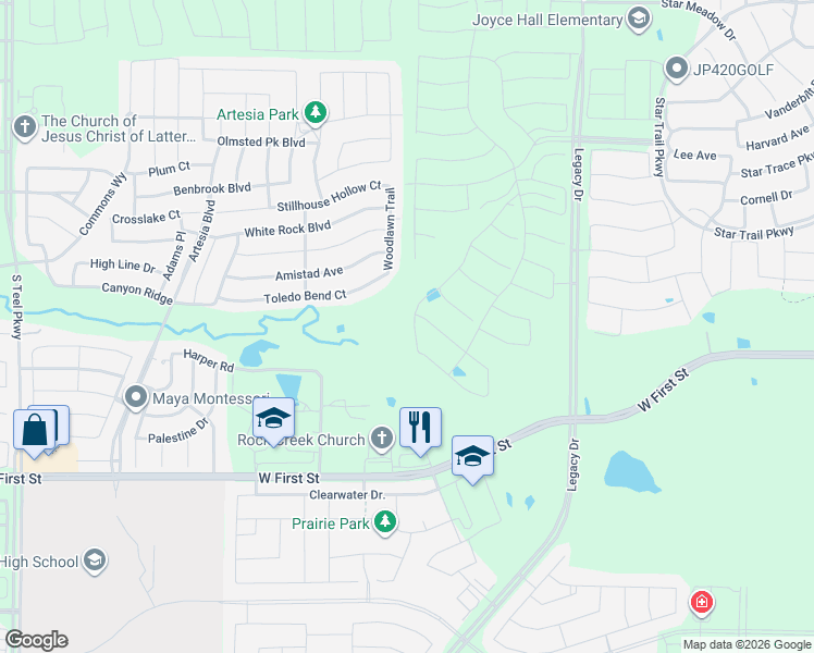 map of restaurants, bars, coffee shops, grocery stores, and more near 16636 Toledo Bend Court in Prosper