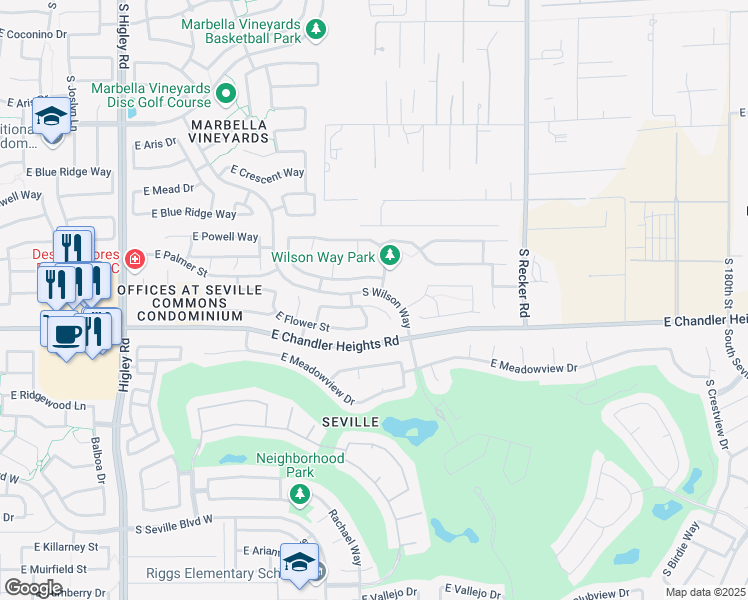 map of restaurants, bars, coffee shops, grocery stores, and more near 3711 East Palmer Street in Gilbert