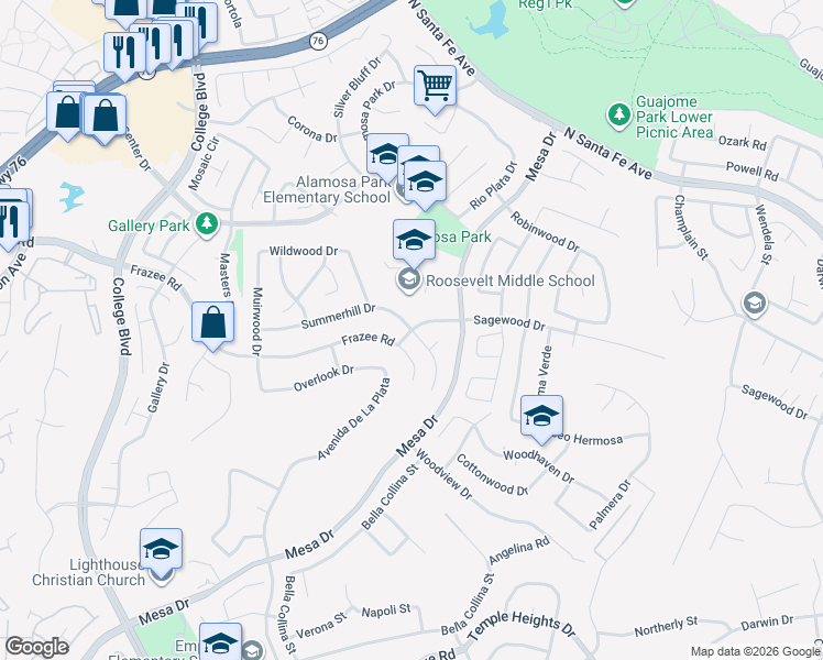 map of restaurants, bars, coffee shops, grocery stores, and more near Sagewood Drive & Summerhill Drive in Oceanside