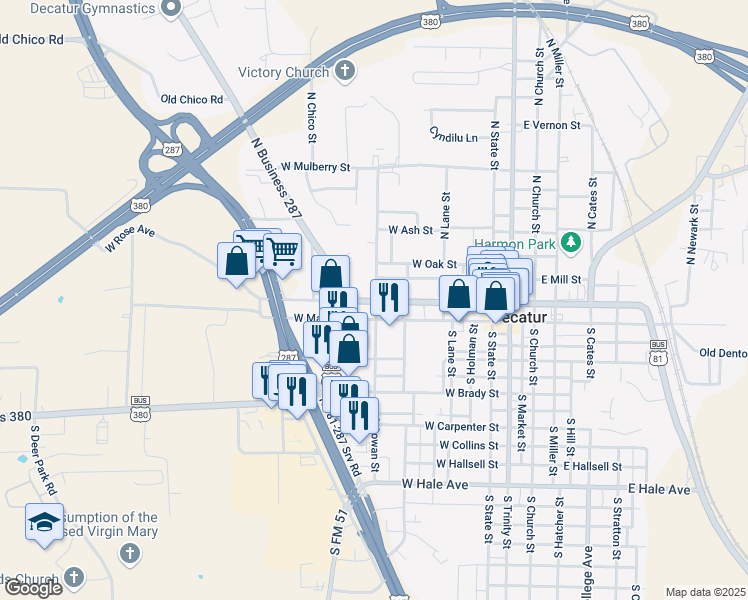 map of restaurants, bars, coffee shops, grocery stores, and more near 704 W Walnut St in Decatur