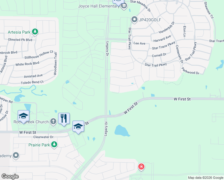 map of restaurants, bars, coffee shops, grocery stores, and more near Legacy Drive in Prosper