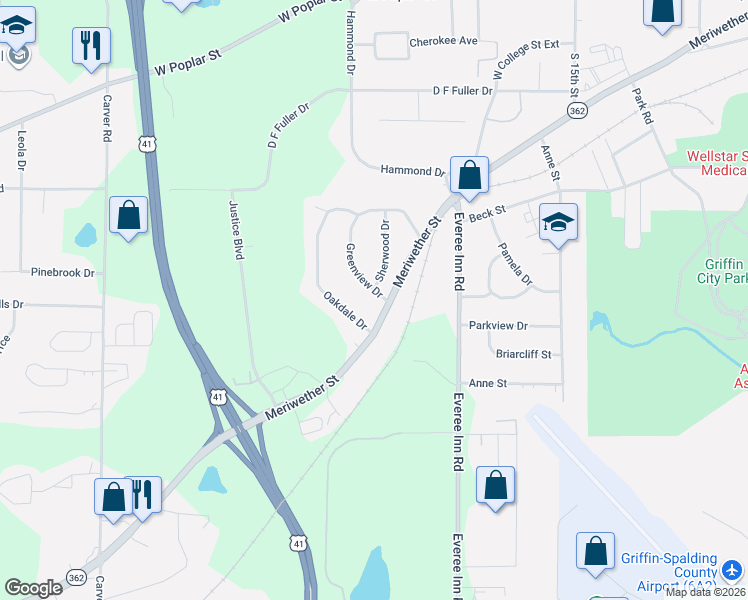 map of restaurants, bars, coffee shops, grocery stores, and more near 1331 Greenview Drive in Griffin