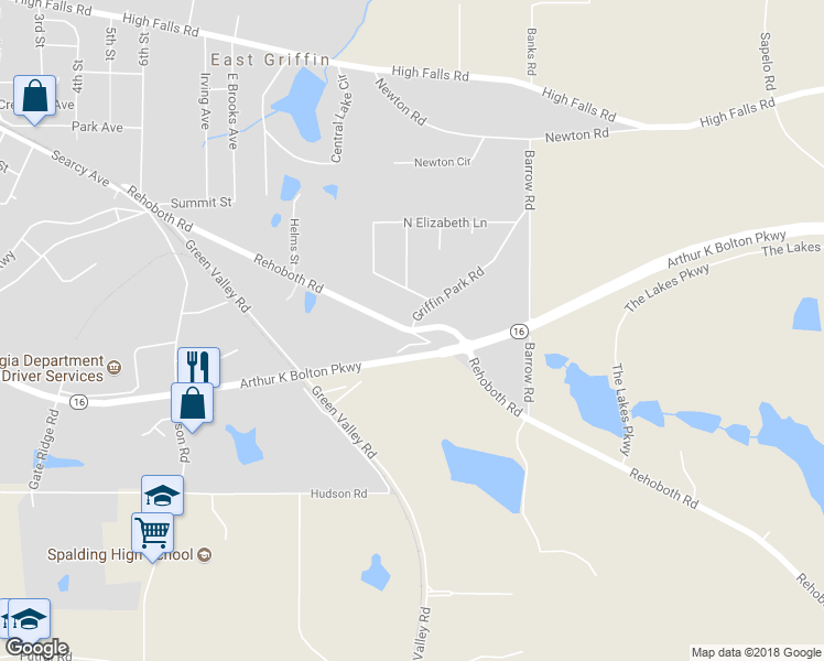 map of restaurants, bars, coffee shops, grocery stores, and more near 607 Griffin Park Road in Griffin