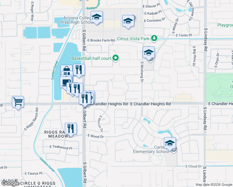 map of restaurants, bars, coffee shops, grocery stores, and more near 3315 East San Carlos Place in Chandler