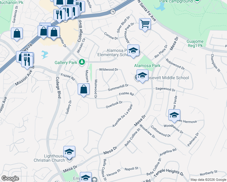 map of restaurants, bars, coffee shops, grocery stores, and more near 5034 Summerhill Drive in Oceanside