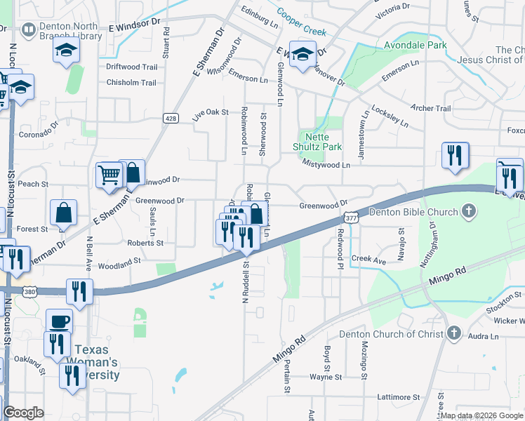 map of restaurants, bars, coffee shops, grocery stores, and more near 2200 Glenwood Lane in Denton