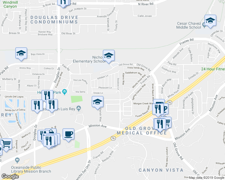 map of restaurants, bars, coffee shops, grocery stores, and more near 114 Swallow Lane in Oceanside