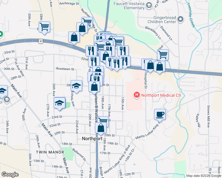 map of restaurants, bars, coffee shops, grocery stores, and more near 2801 17th Avenue in Northport