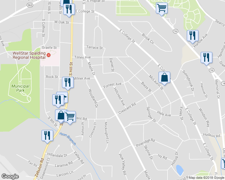 map of restaurants, bars, coffee shops, grocery stores, and more near 813 Hillcrest Avenue in Griffin
