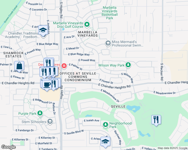 map of restaurants, bars, coffee shops, grocery stores, and more near 3442 East Vernon Street in Gilbert