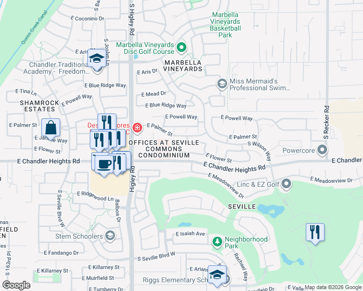 map of restaurants, bars, coffee shops, grocery stores, and more near 3442 East Vernon Street in Gilbert