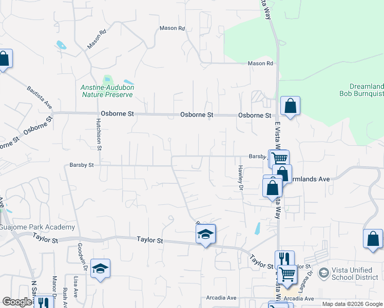 map of restaurants, bars, coffee shops, grocery stores, and more near 750 Barsby Street in Vista