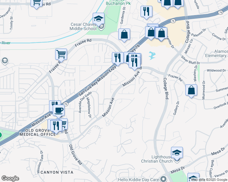 map of restaurants, bars, coffee shops, grocery stores, and more near 4709 Ventana Way in Oceanside