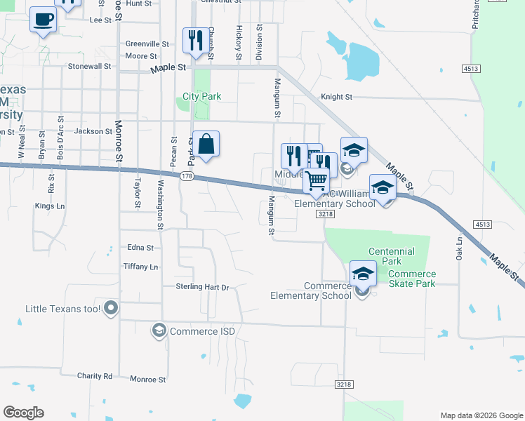 map of restaurants, bars, coffee shops, grocery stores, and more near 801 Culver Street in Commerce