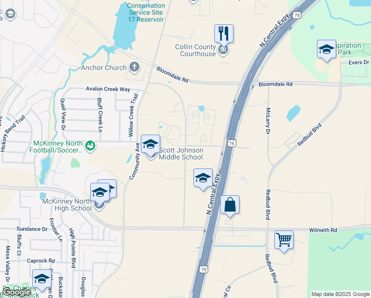 map of restaurants, bars, coffee shops, grocery stores, and more near Justice Street in McKinney