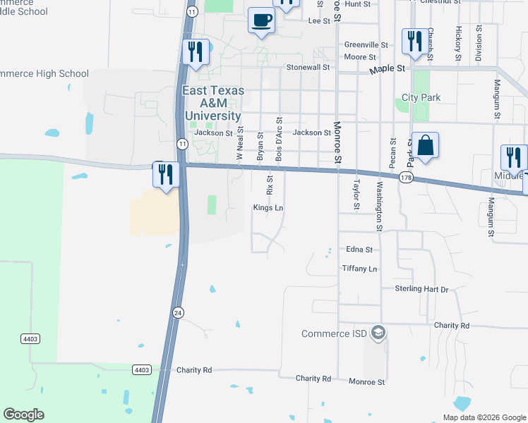 map of restaurants, bars, coffee shops, grocery stores, and more near 2712 Rix Street in Commerce