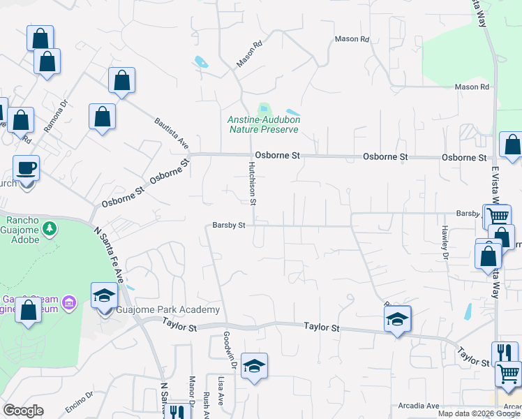 map of restaurants, bars, coffee shops, grocery stores, and more near 2235 Hutchison Street in Vista