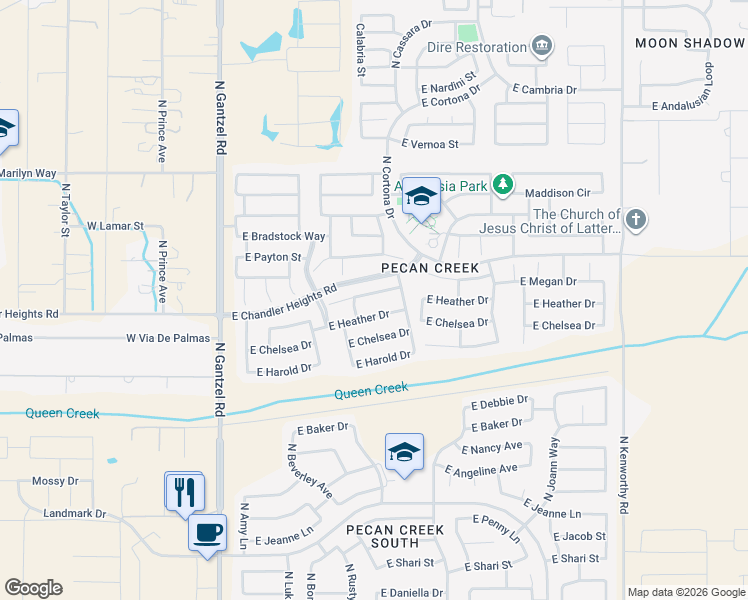 map of restaurants, bars, coffee shops, grocery stores, and more near 845 East Megan Drive in Queen Creek