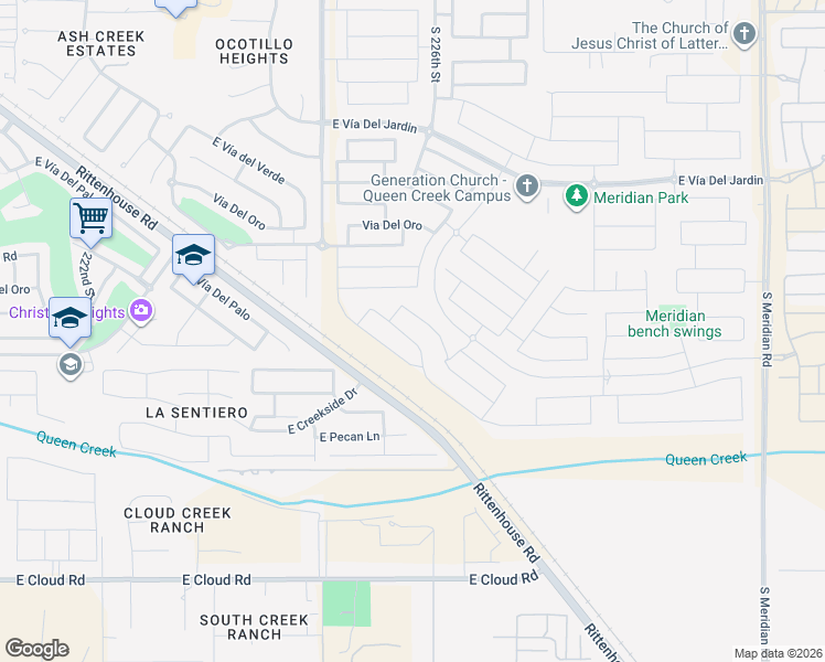 map of restaurants, bars, coffee shops, grocery stores, and more near 22547 Via Del Palo in Queen Creek