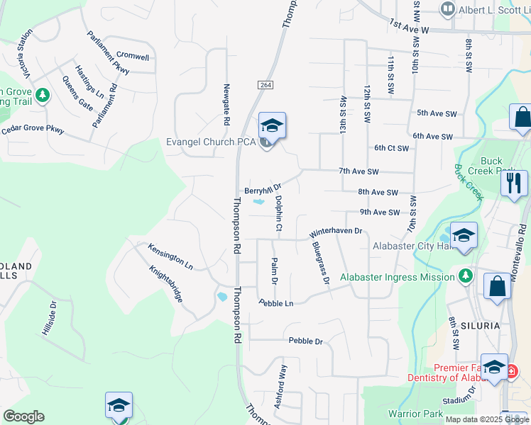 map of restaurants, bars, coffee shops, grocery stores, and more near 208 Dolphin Circle in Alabaster