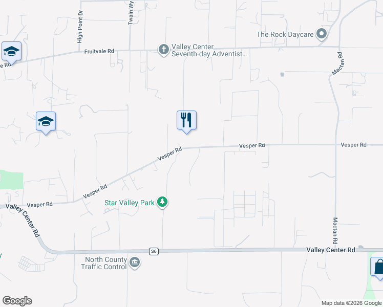 map of restaurants, bars, coffee shops, grocery stores, and more near 15010 Vesper Road in Valley Center